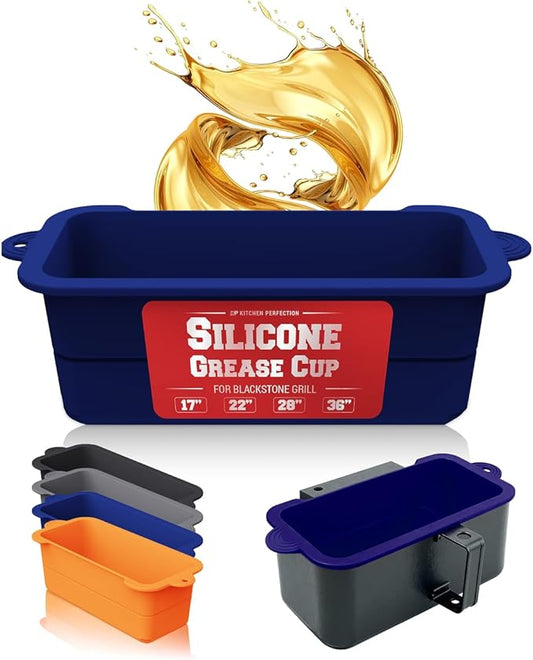 Kitchen perfection 2 Reusable Silicone Grease Cup Liners for Blackstone Griddle Grill - Fits 36 28 22 17 - Drip Catcher Tray Pans - A Must Have Blackstone Accessries for Easy Cleaning