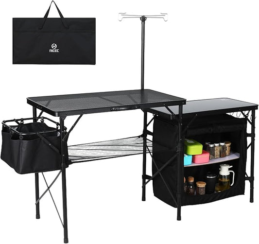 Nice C Camping Kitchen Table, Portable Folding Camp Cook Station, Storage Organizer, with Light Poles, Storage, Side Bag, Side Hooks, for Outdoor, Picnic, Beach, RV Traveling (Black)