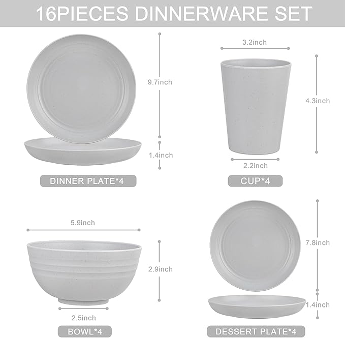 Supernal 16pcs Light Grey Plates and Bowls Dinnerware Set, Unbreakable Reusable Plate,Reusable Plastic Plate Set for 4, Include Dinner Platos, Dessert Platos, Cereal Bowls, Cups for Kitchen & Camping