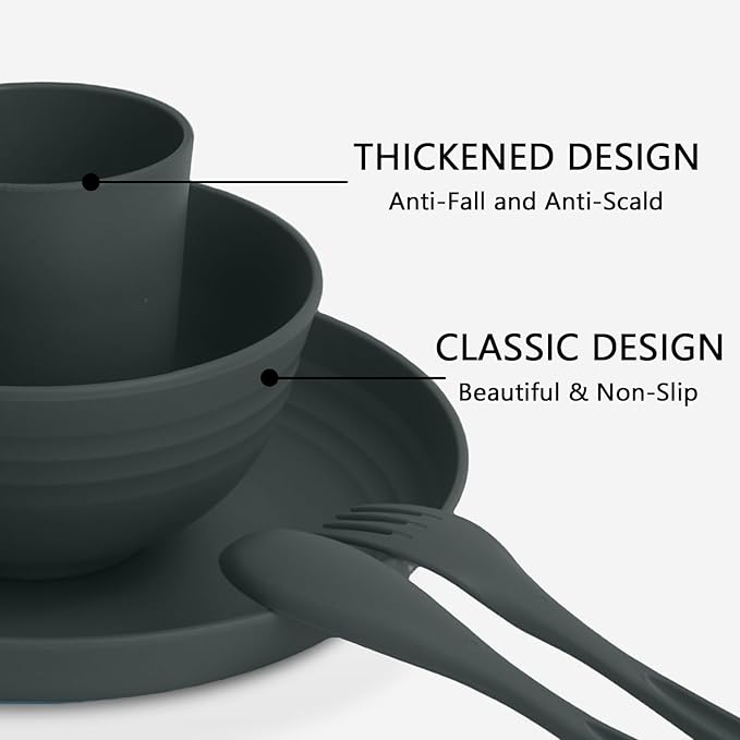 Wheat Straw Dinnerware Sets for 4, Lightweight and Unbreakable Plates and Bowls Sets, Alternatives Plastic Dinnerware Sets Reusable, Dorm Kitchen Essentials for Camping, Party (Dark Grey)