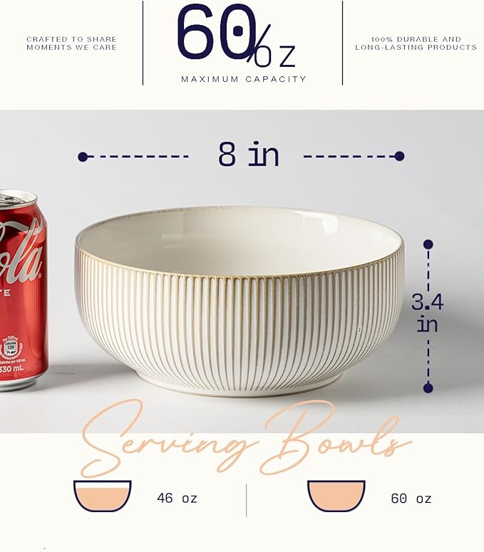 getstar Large Serving Bowls (8 inch & 60 fl oz), Ceramic Salad Bowl Set of 2, Microwave and Dishwasher Safe, Farmhouse Kitchen Decorative Bowls Set (Embossed Checks & Stars)