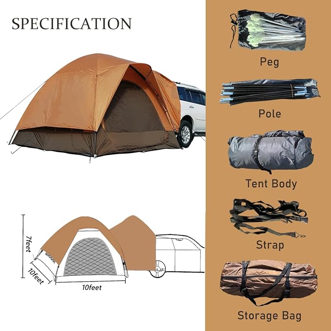 6-Person SUV Tent Attachment for Camping with 4 Full Meshed Door,Water Resistant Car Camping Tent with Rainfly and Carry Bag, Fits CUV's, SUV's, and Minivans, 10ft*10ft*6.9ft