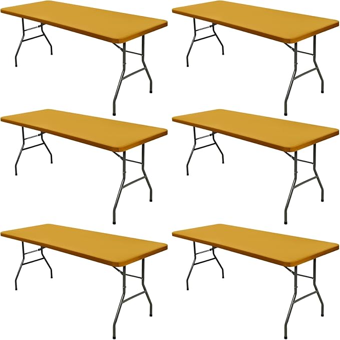 6 Pack 8 Foot Picnic Table Cover Fitted Outdoor Tablecloth for Rectangle Tables Elastic Waterproof Stretch Washable Patio Folding Spandex Table Cloth for Camping Banquet Parties (Mustard,30" x 96")