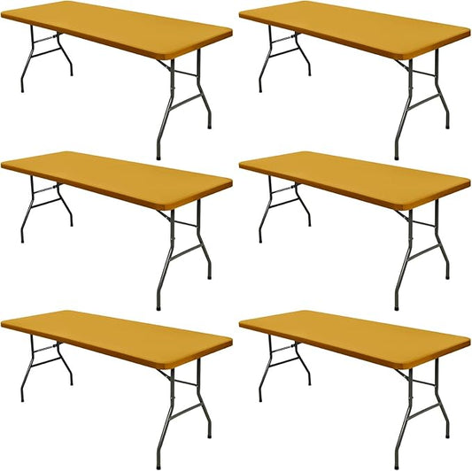 6 Pack 8 Foot Picnic Table Cover Fitted Outdoor Tablecloth for Rectangle Tables Elastic Waterproof Stretch Washable Patio Folding Spandex Table Cloth for Camping Banquet Parties (Mustard,30" x 96")