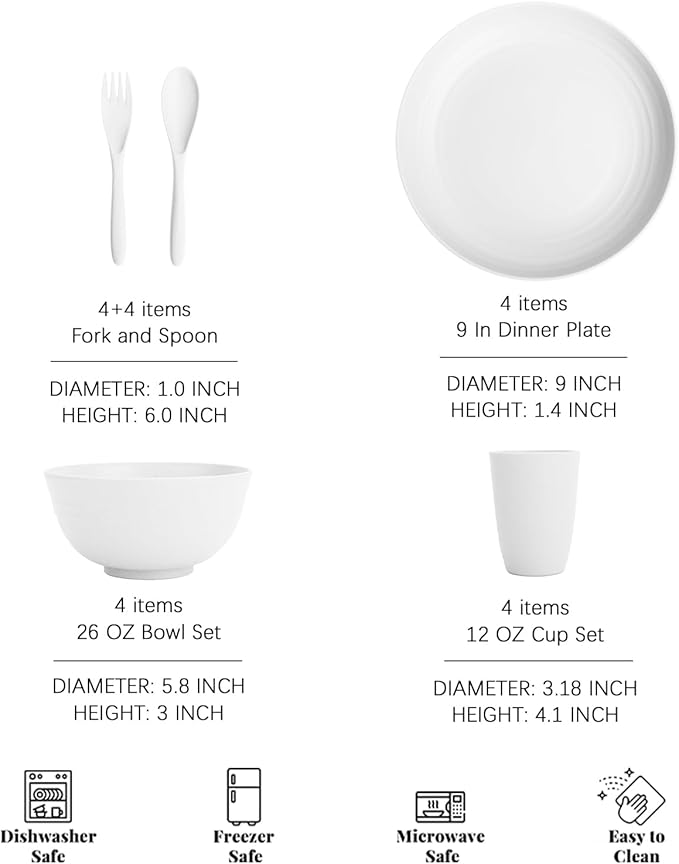 Wheat Straw Dinnerware Sets | Microwave and Dishwasher Safe Dishes Sets for 4 | Unbreakable Kids Plates and Bowls Set, Plastic Plates Reusable, Camping Dishes for Kitchen, PV, Dinner (White)