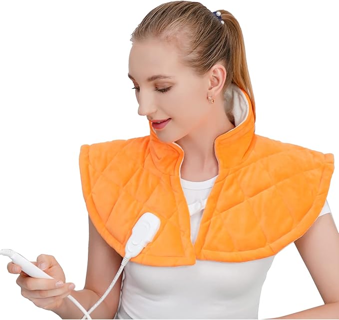 Electric Heating Pad for Neck and Shoulders, Far Infrared Heated Pad for Pain Back Relief, Weighted Electric Heating Pads with Auto-Off, Gifts for Women Men Mom Dad(L, Orange)