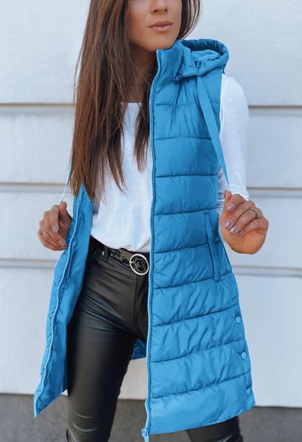 Veatzaer Women Long Vest Solid Color Sleeveless Hood Winter Puffer Vest Outwear