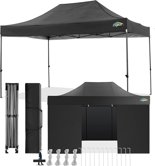 COBIZI 10x15 Pop Up Canopy with 4 Sidewall,Heavy Duty Canopy UPF 50+ All Season Wind Waterproof Commercial Outdoor Wedding Party Tents for Parties Gazebo with Carry Bag(10 x 15 ft Black)