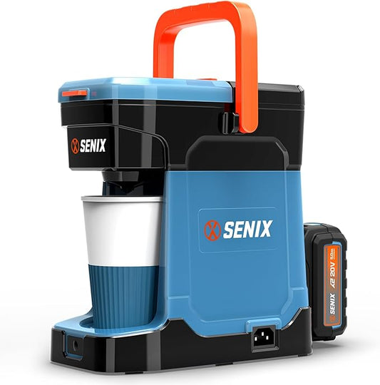 SENIX Coffee Maker, Portable Coffee Machine, 2-in-1 20V 5.0 Ah Battery, Charger & Power Cord, Compatible with K-Cups, Ground, Pods, 8oz Brew Size - for Travel, Camping, Job Site, RV, Home (CMX2-M4)