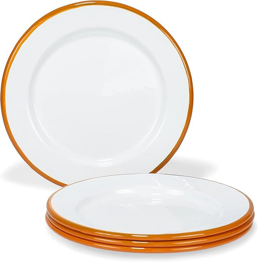 Red Co. Set of 4 Enamelware Metal Classic 8" Round Salad Plate, Solid White/Orange Rim