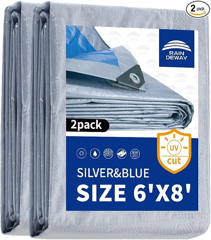 RAINDEWAY Tarps 6x8 Feet (2 Pack) - 5.5 Mil, Multipurpose Waterproof Poly Tarp Cover with Metal Grommets and Reinforced Edges, Silver/Blue Tarp