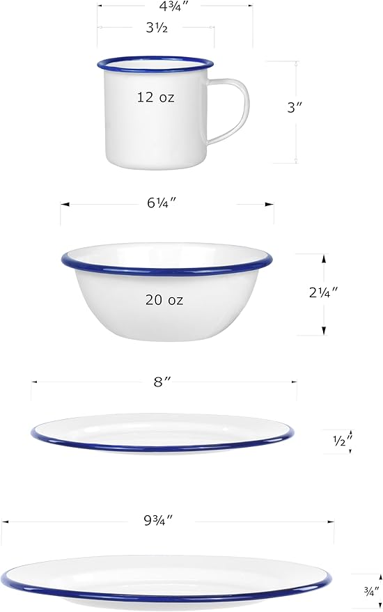Red Co. 16-Piece Enamelware Metal Dinnerware Set for 4, Solid White/Navy Blue Rim