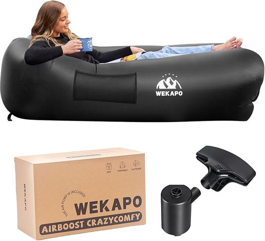 WEKAPO Inflatable Couch with Pump - Easiest Setup, Crazy Comfy & Ultralight - Blow up Lounger Chair Perfect for Hiking, Camping, Beach, Festivals - Lightweight Air Sofa for Relaxing Anywhere (Black)