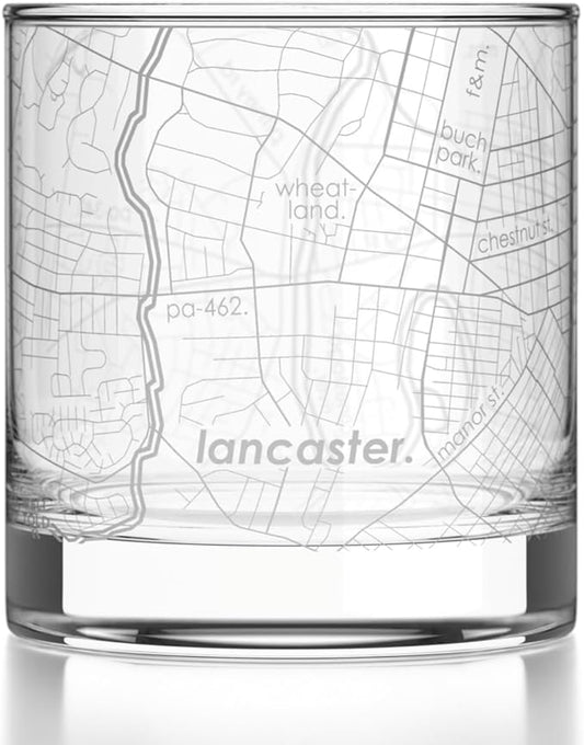 Well Told Engraved Lancaster Pennsylvania Map Rocks Glass, Old Fashioned Glassware (11 oz, Clear) Etched Bourbon Tumbler, Gifts For Whiskey Lovers