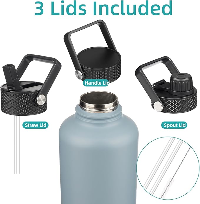 Insulated Water Bottle with Straw,50 oz 3 Lids Water Jug with Carrying Bag,Paracord Handle,Double Wall Vacuum Stainless Steel Metal Flask,Storm Blue