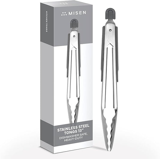 Misen Kitchen Tongs - Dishwasher Safe, Heavy Duty - Precision Stainless Steel Grilling Tool - Heat Resistant - Perfect for Serving and Air Frying - 13 Inch | Gray