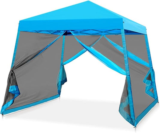 EAGLE PEAK 10x10 Slant Leg Easy Setup Pop Up Canopy Tent with Mosquito Netting 64 sqft of Shade, Light Blue