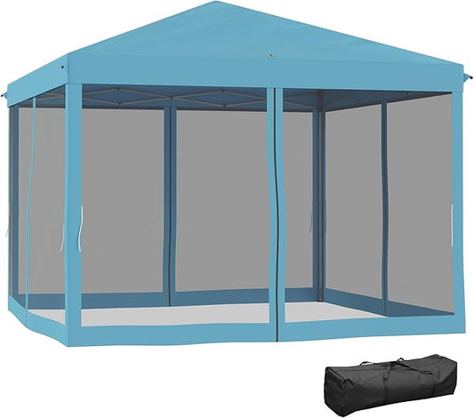 Outsunny 10' x 10' Pop Up Canopy Tent with Netting, Instant Gazebo, Screen House Room with Carry Bag, Height Adjustable, for Outdoor, Garden, Patio, Camping, Light Blue