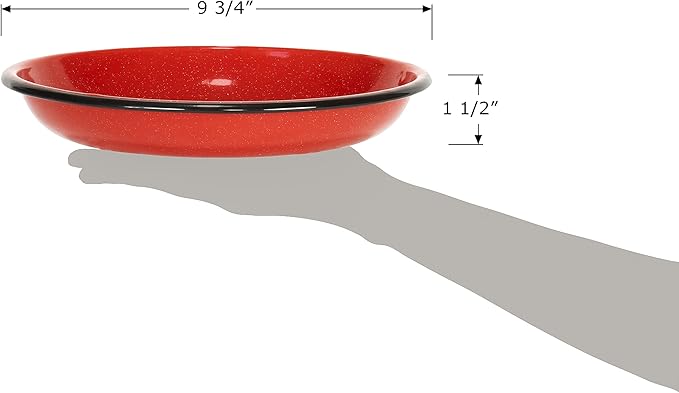 Red Co. Set of 4 Enamelware Metal 10” Round Camping Plates, White-Speckled Red/Black Rim