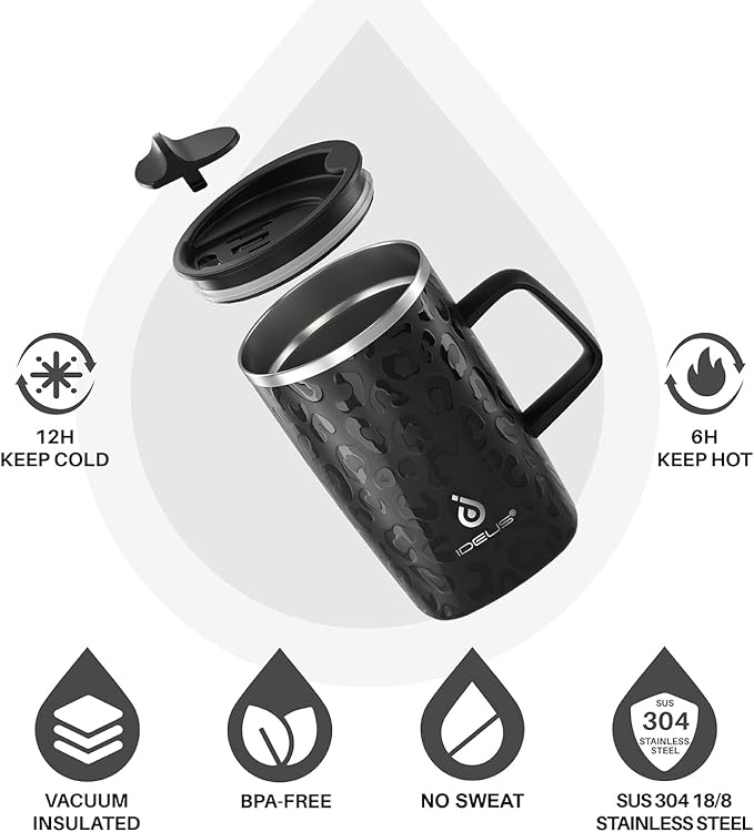 Ideus Vacuum Insulated Coffee Mug, 16oz Reusable Stainless Steel Thermal Double Walled cup with Handle and Slider Lid for Hot & Cold Beverages, BPA Free (Leapord Black)