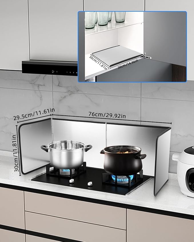 30cm 4 Sided Splatter Guard Foldable Stainless Steel Stove Splash Guard Oil Splatter Screens for Frying Kitchen Backsplash Protector Nonstick Oil Splatter Guard for Cooking