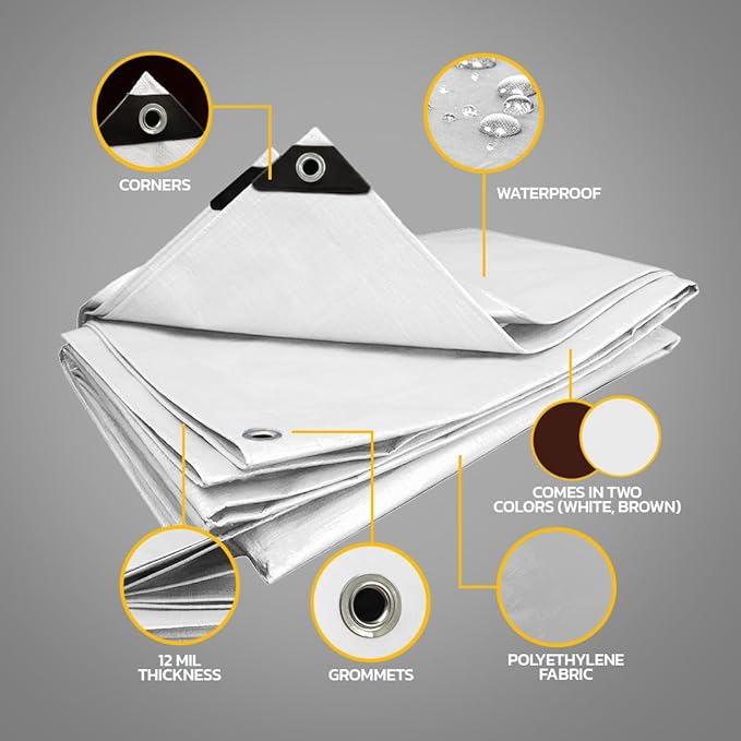 Seal Skin Covers Heavy Duty Waterproof Tarp 8x10 FT, 16 Mil 8 OZ 160 GSM Thick White Poly Tarp with Rustproof Grommets, Tear-Proof Cover with Reinforced Edges for Camping, Pool, Canopy Use