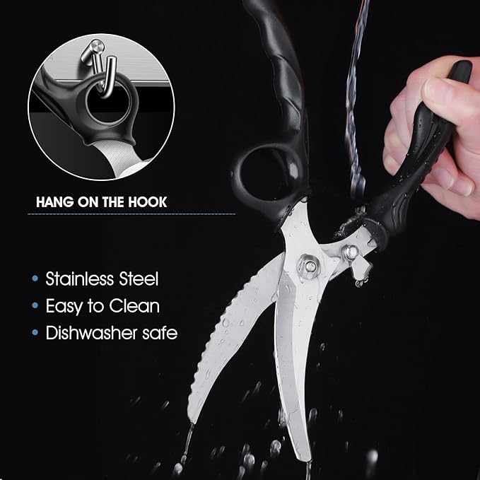 PURPLEBIRD Heavy Duty Poultry Shears, Spring Loaded Kitchen Scissors, Dishwasher Safe Stainless Steel Cooking Scissors, Multipurpose Kitchen Shears for Cutting Chicken and Meat Black