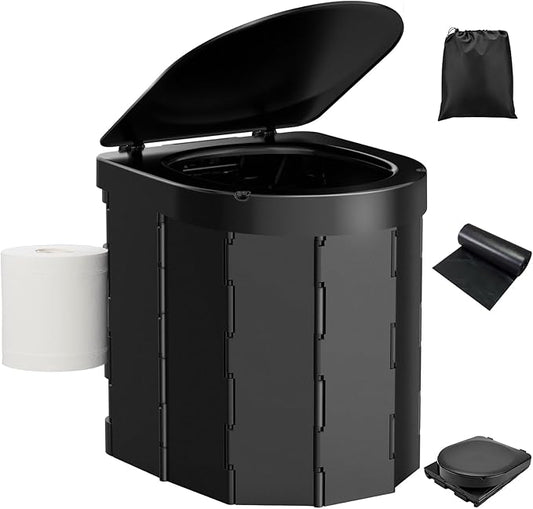 Portable Camping Toilet, Folding Toilet for Adults with Lid and Retractable TP Holder, Waterproof Porta Potty with Carry Bag and Disposible Liners for Camping, Hiking, RV Travel