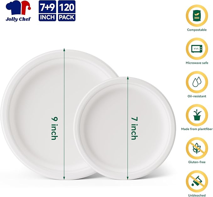 JOLLY CHEF Compostable Heavy Duty Plates 𝟳 𝗶𝗻𝗰𝗵 𝗮𝗻𝗱 𝟵 𝗶𝗻𝗰𝗵 [𝟭𝟮𝟬 𝗣𝗮𝗰𝗸] Eco-Friendly Disposable Paper Plates Bagasse Biodegradable Sugarcane Fibers Round Bulk for Party Dinner(White)