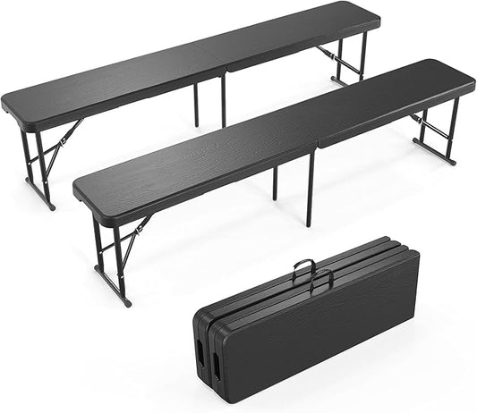 Plastic Folding Bench - Portable Bench Used for Indoor, Outdoor, Picnic, Party, Camping, Dining Seat, Garden Soccer Multipurpose Entertaining Activities, White (2, Black, 8 Feet)