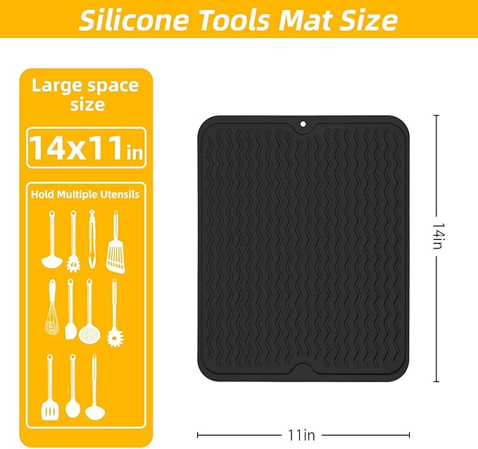 Silicone Grill Mat for Blackstone, Silicone Side Shelf Tool Mat, Outdoor BBQ Spatula Mat, with Drip Pad Kitchen Countertop Heat Resistant Mat, Griddle Accessories (Black)