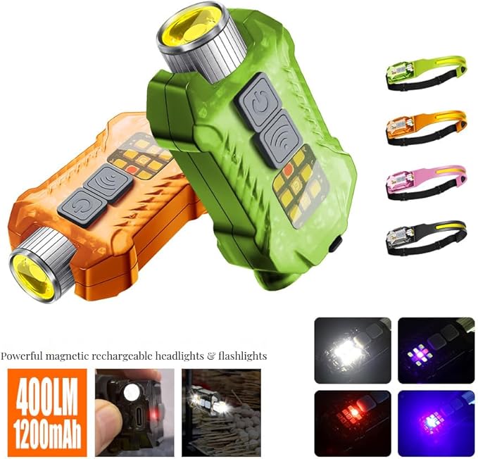 2-in-1 LED Headlamp Rechargeable, Sensing COB Headlamp Flashlight, IP65 Waterproof Magnetic 9 Modes Head Light for Adults Night Running Camping, Fishing, Hiking, Repair and Gift (Orange)