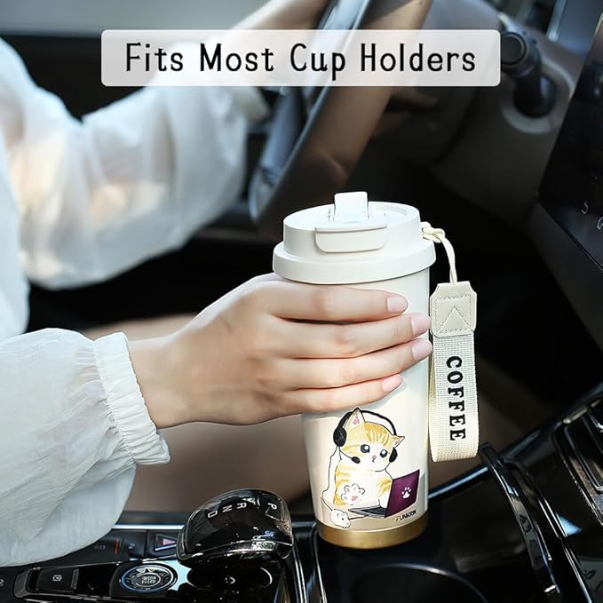 Funkrin Coffee Travel Mug with Straw & Flip Lid, 16oz Insulated Tumbler Cup with Ceramic Coating, Double Wall Vacuum Leak-Proof Mug for Office School Party Camping