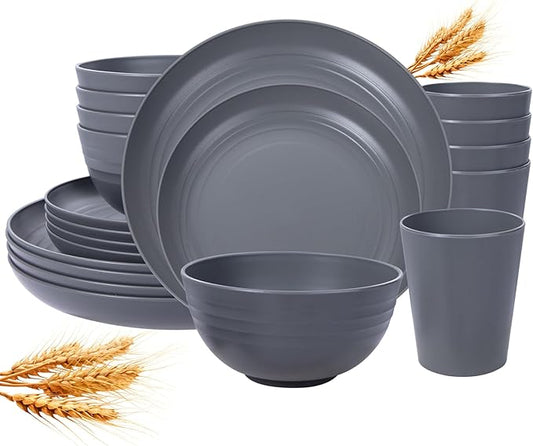 Supernal Dark Grey Wheat Straw Dinnerware Sets,16Pcs Unbreakable Reusable Plastic Wheat Straw Bowls & Plates Dinner Set, Plastic Dinnerware Set for 4, 8Plates, 4Bowls, 4Cups for Kitchen & Camping