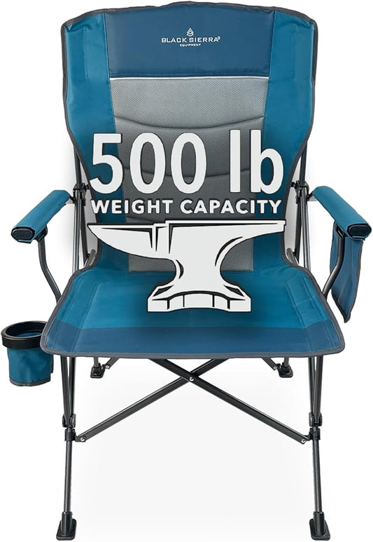 Black Sierra Oversize Camping Chair for Adults Supports 500 lbs, XL Heavy Duty Hard Arm Folding Chair, Steel Frame Durable Padded Outdoor Seat, Portable Fold Up Chair w/Cup Holder and Storage Bag