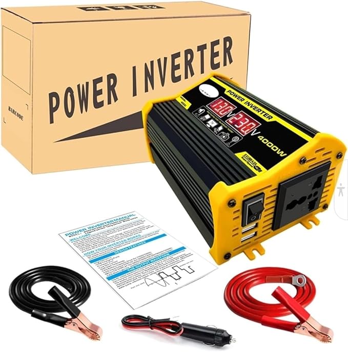 High-Power 4000W DC to AC Power Inverter – 12V to 110V/220V Converter with Dual USB Ports, Universal AC Outlet, LED Display for Cars, Trucks, RVs, and Home Backup
