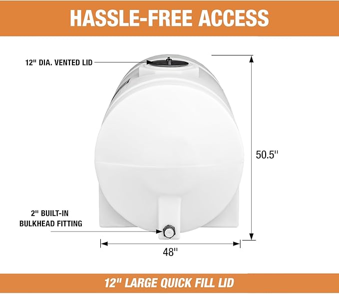 RomoTech 82124269 Horizontal Polyethylene Reservoir Water Tank w/Legs, 550 gal, Made in USA, Natural Poly Tank for Non-Flammable Liquids, UV-Resistant, Ideal for Agricultural Use, RV Water Storage