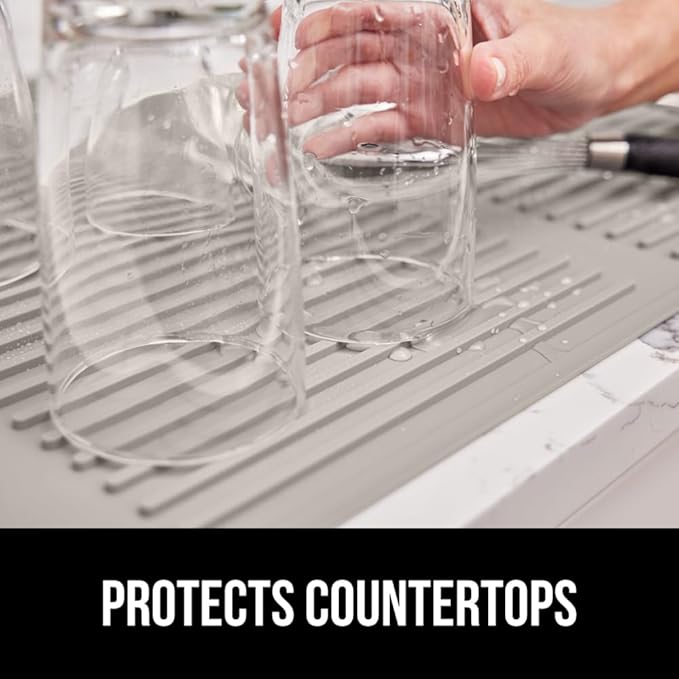 GORILLA GRIP 100% BPA-Free Patented Silicone Dish Drying Mat for Kitchen Counter, 18x24 Inch, Water Catching Ribbed Design, Easy Clean Waterproof Sink Liner, Heat Resistant, Fits Under Rack, Almond