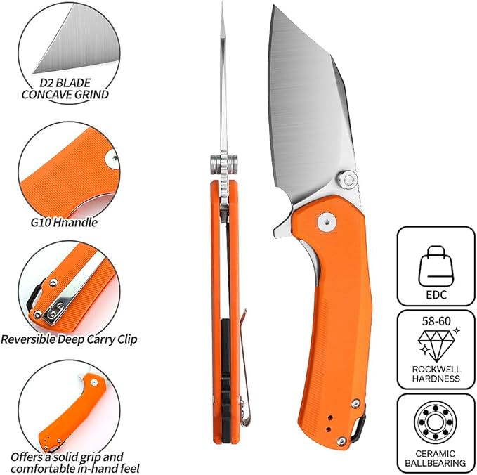 ioko Folding Pocket Knife, 3.5-Inch D2 Steel Blade, G10 Handle, EDC Camping Survival Knife with Clip (Orange)