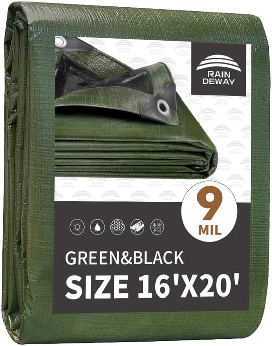RAINDEWAY Tarps 16x20 Feet,Tarp Waterproof,9Mil Thick,Finished Size,Multipurpose Poly Tarp Cover with Metal Grommets and Reinforced Edges,Green/Black Tarpaulin