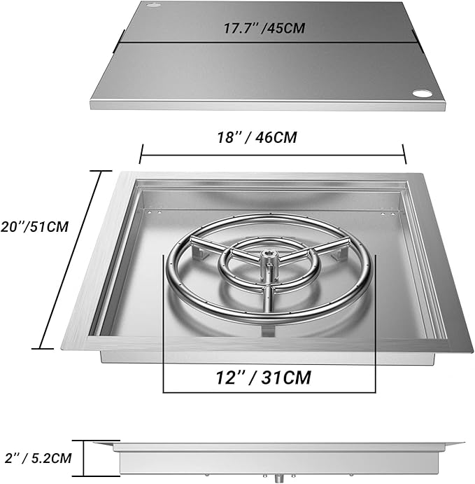 Skyflame 18 inch Square Stainless Steel Drop in Fire Pit Burner Pan with Burner Ring and Protective Cover