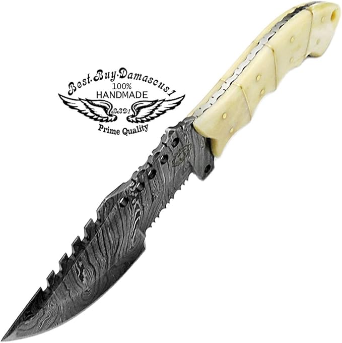 Camel Bone 9.5'' Tracker Knife - Fixed Blade Handmade Damascus Steel Outdoors & Sports Camping Hunting Knife