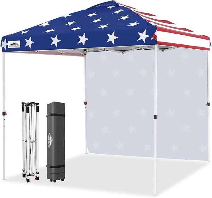 EAGLE PEAK Pop Up Canopy Tent with 1 Sidewall, Easy Setup Event Tent, Outdoor Sun Shade, Wheeled Carry Bag, Stakes and Guy Ropes, Instant Canopy 8x8, American Flag