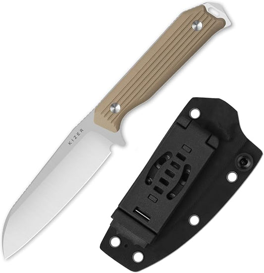Kizer Begleiter Fix Fixed Blade Knife, 3.75" Sheepsfoot AEB-L Blade Hunting Knives with Kydex Sheath, Brown G10 Handle EDC Knife for Camping Hunting Survival 1045MS2