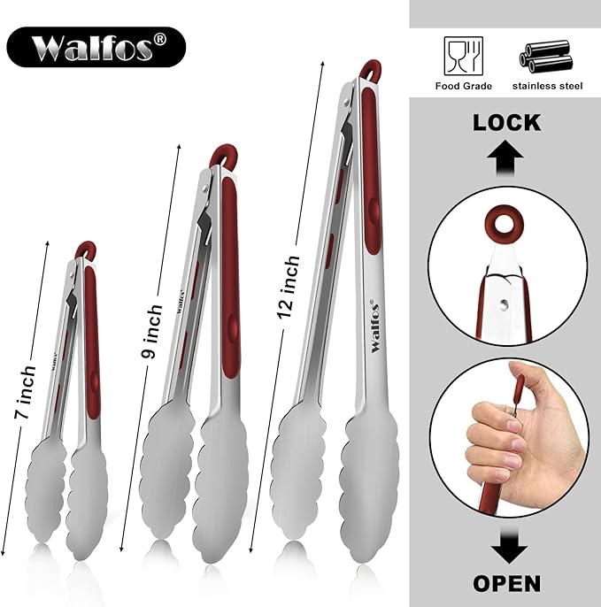 Walfos Stainless Steel Kitchen Tongs - 7, 9 & 12 Inch Heavy Duty Locking Metal Tongs for Cooking, BBQ Grilling, Set of 3 Non-Slip Grip (Wine Red)