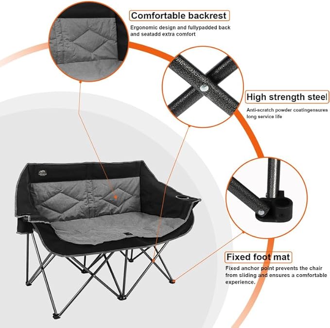 Folding Loveseat Camping Chair,Portable Double Chair w/Cup Holder,Wine Glass Holder,Carry Bag Heavy Duty Lawn Chair for 2 Adults,Perfect for Camp,Hiking,Picnics and Beach Trips,Black