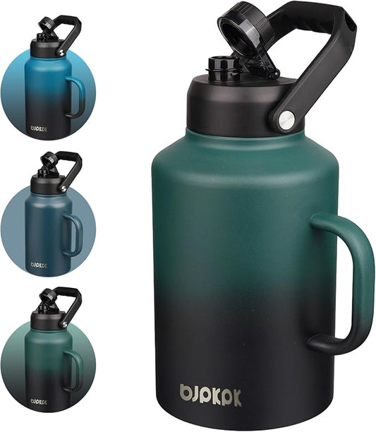 BJPKPK 1 Gallon Water Bottle with Handle, Large Dishwasher Safe 128oz Insulated Water Bottle, BPA Free Water Jug, Wide Mouth Metal Water Bottle with Anti-slip Bottom, Army Green & Black