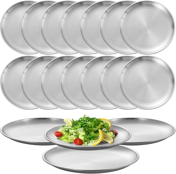 OMISTAR 16 Pcs Stainless Steel Dinner Plates, Reusable Brushed Metal Plates, 9 inch Round Dinner Dishes, Serving Plates for Main Dishes, Unbreakable Kitchenware, Dishwasher Safe
