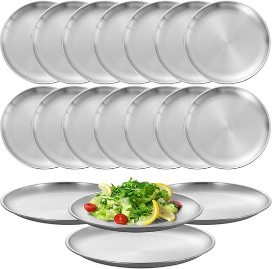 OMISTAR 16 Pcs Stainless Steel Dinner Plates, Reusable Brushed Metal Plates, 9 inch Round Dinner Dishes, Serving Plates for Main Dishes, Unbreakable Kitchenware, Dishwasher Safe
