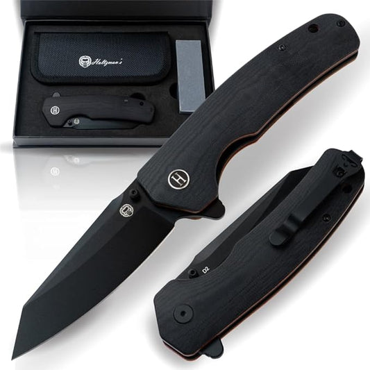 Holtzman's Gorilla Survival - The Clip Point Folding Pocket Knife (Black+Orange) - D2 Steel Blade - Tactical EDC Knife with G10 Handle & Pocket Clip